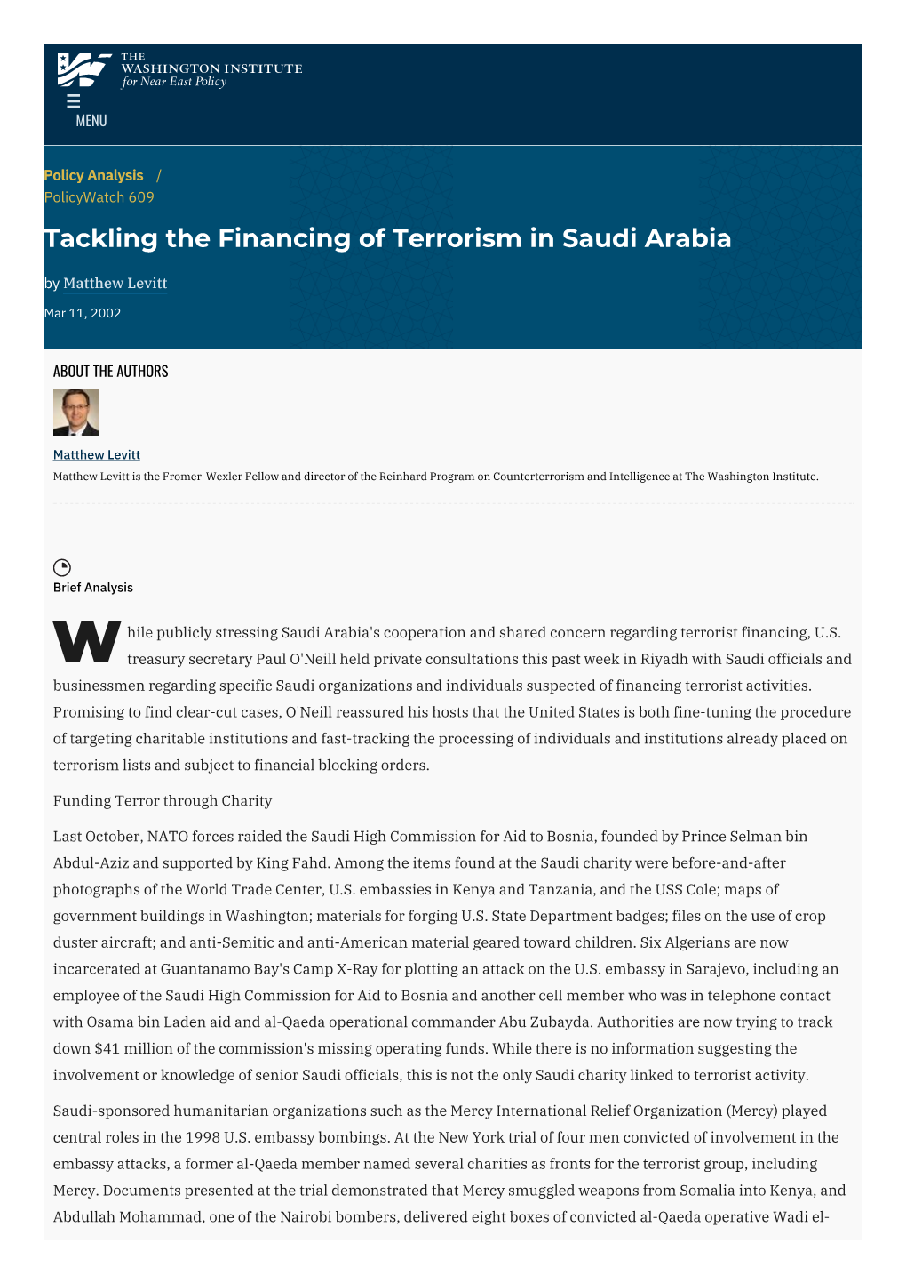 Tackling the Financing of Terrorism in Saudi Arabia by Matthew Levitt