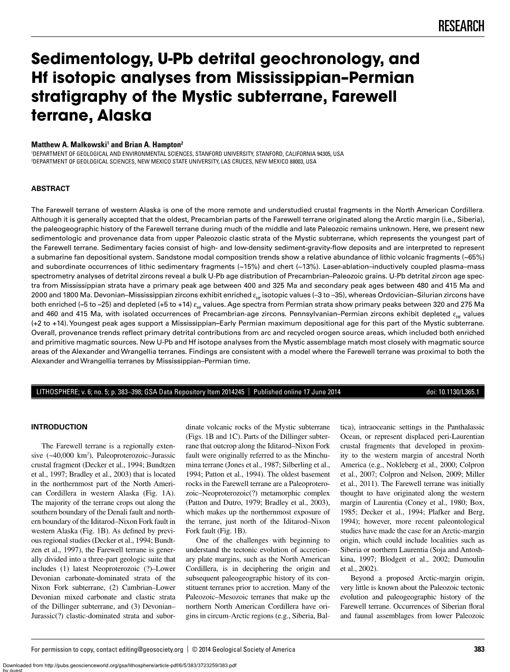 Sedimentology, U-Pb Detrital Geochronology, and Hf Isotopic Analyses from Mississippian–Permian Stratigraphy of the Mystic Subterrane, Farewell Terrane, Alaska