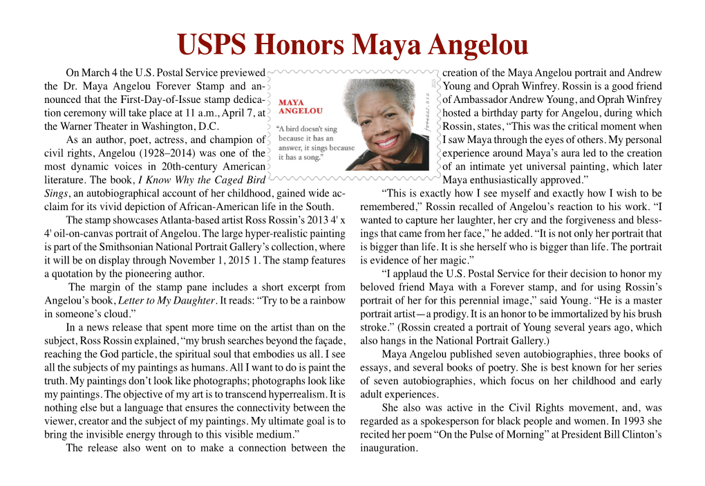 USPS Honors Maya Angelou on March 4 the U.S