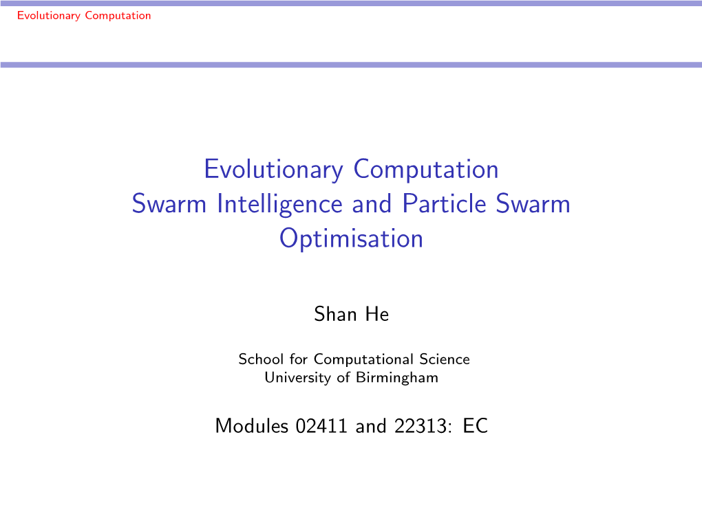 Evolutionary Computation Swarm Intelligence and Particle Swarm Optimisation