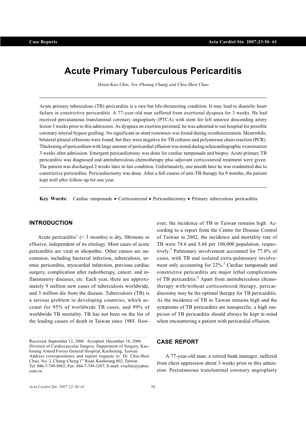 Acute Primary Tuberculous Pericarditis