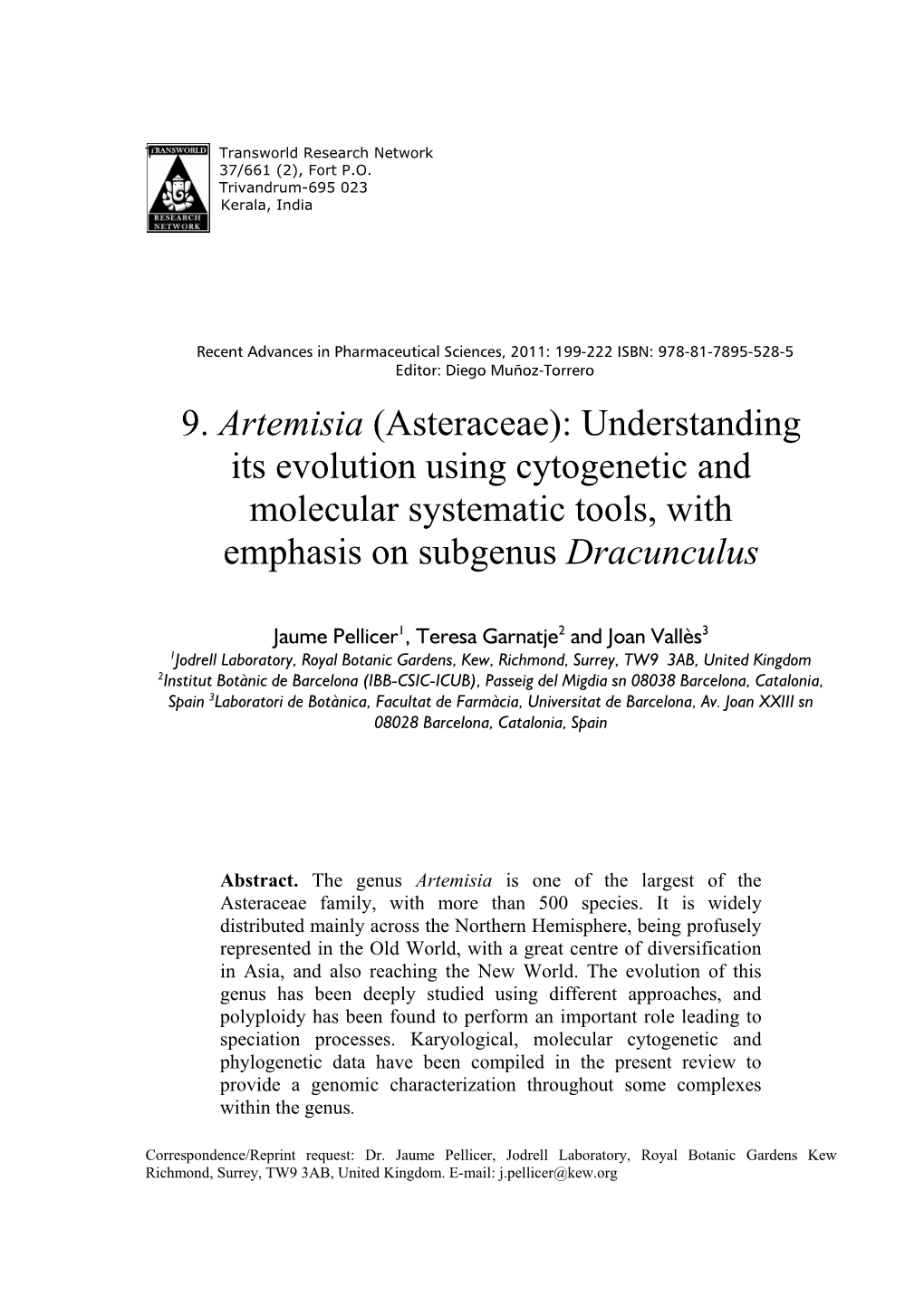 9. Artemisia (Asteraceae): Understanding Its Evolution Using Cytogenetic and Molecular Systematic Tools, with Emphasis on Subgenus Dracunculus