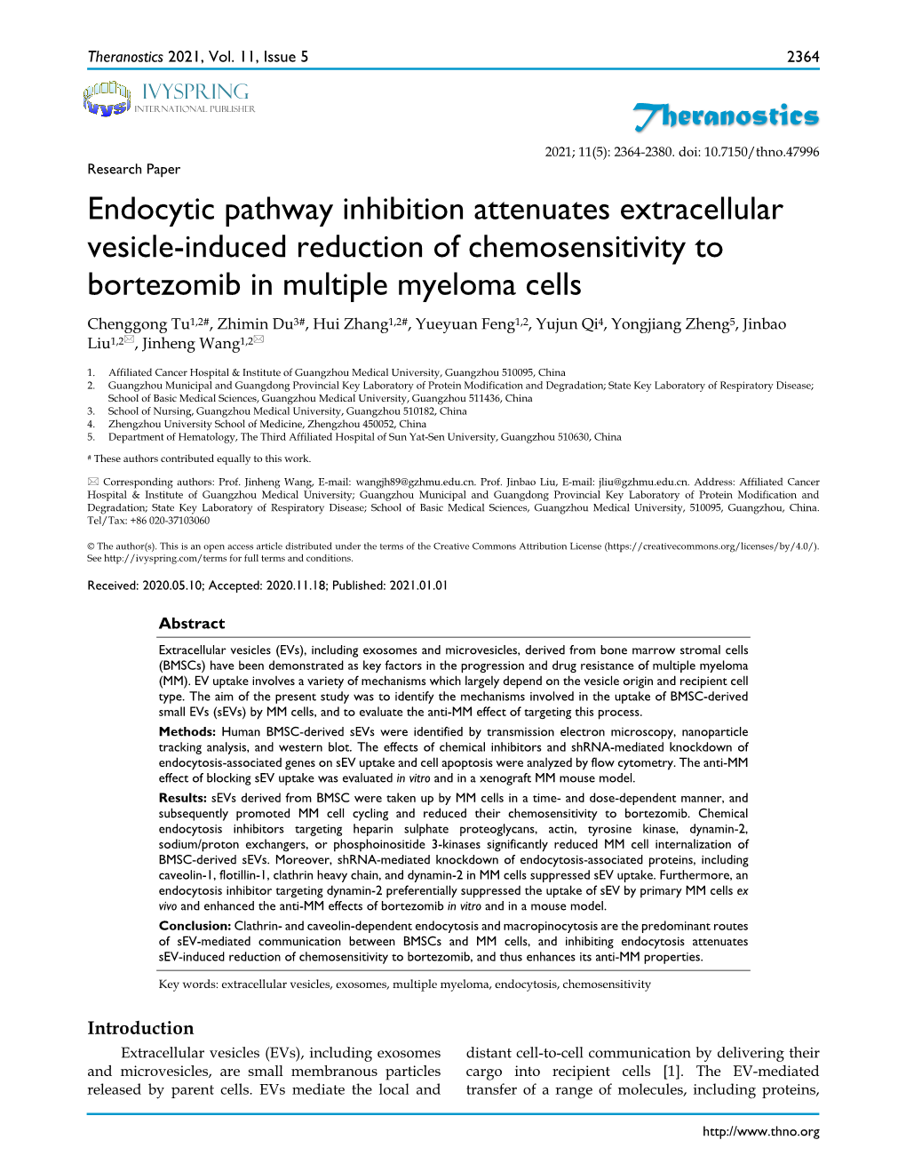 Theranostics Endocytic Pathway Inhibition Attenuates Extracellular Vesicle-Induced Reduction of Chemosensitivity to Bortezomib I