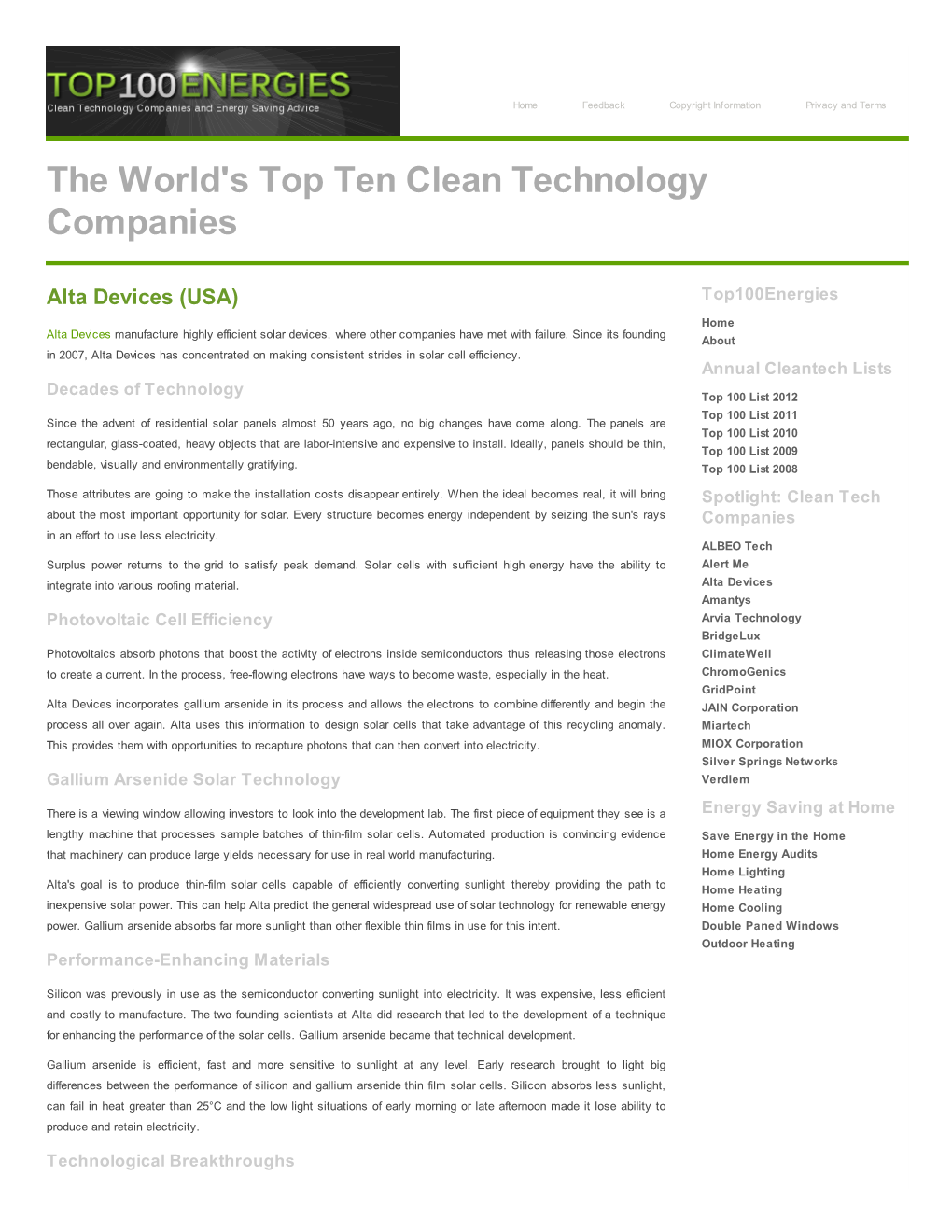 Alta Devices Listed As One of the World's Top Ten Clean Technology