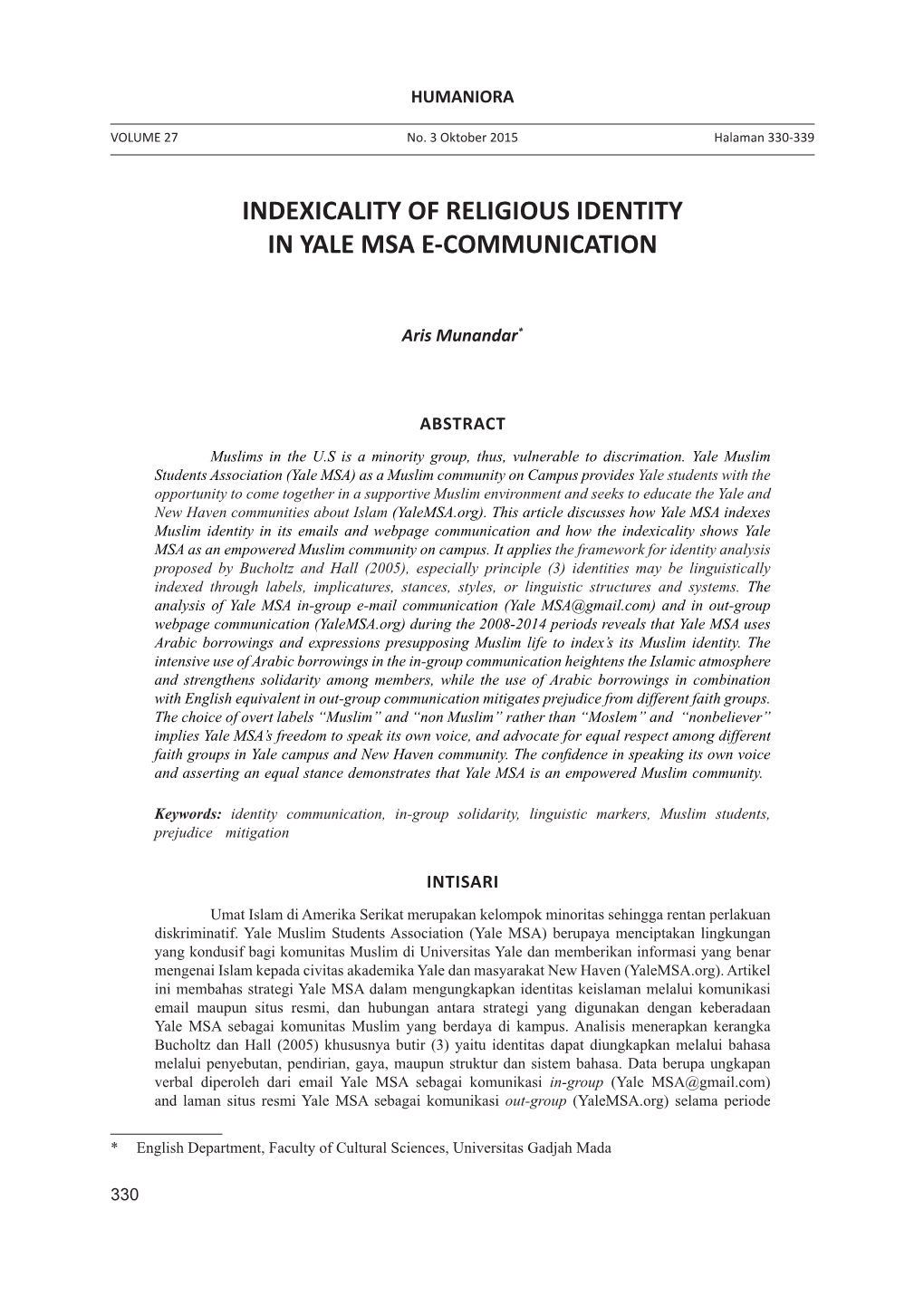 Indexicality of Religious Identity in Yale Msa E-Communication