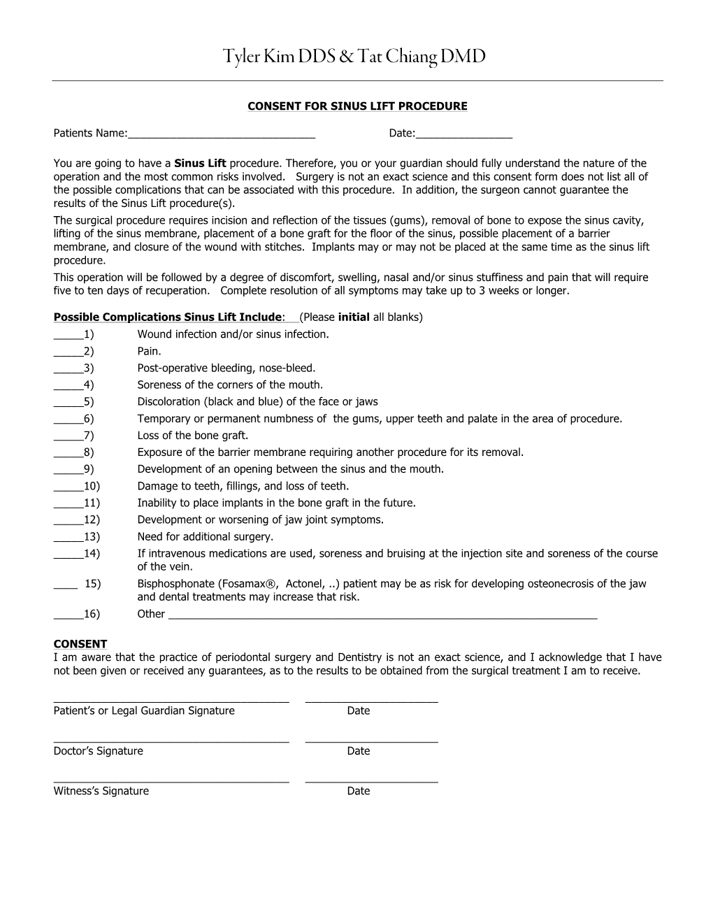 Consent for Sinus Lift Procedure