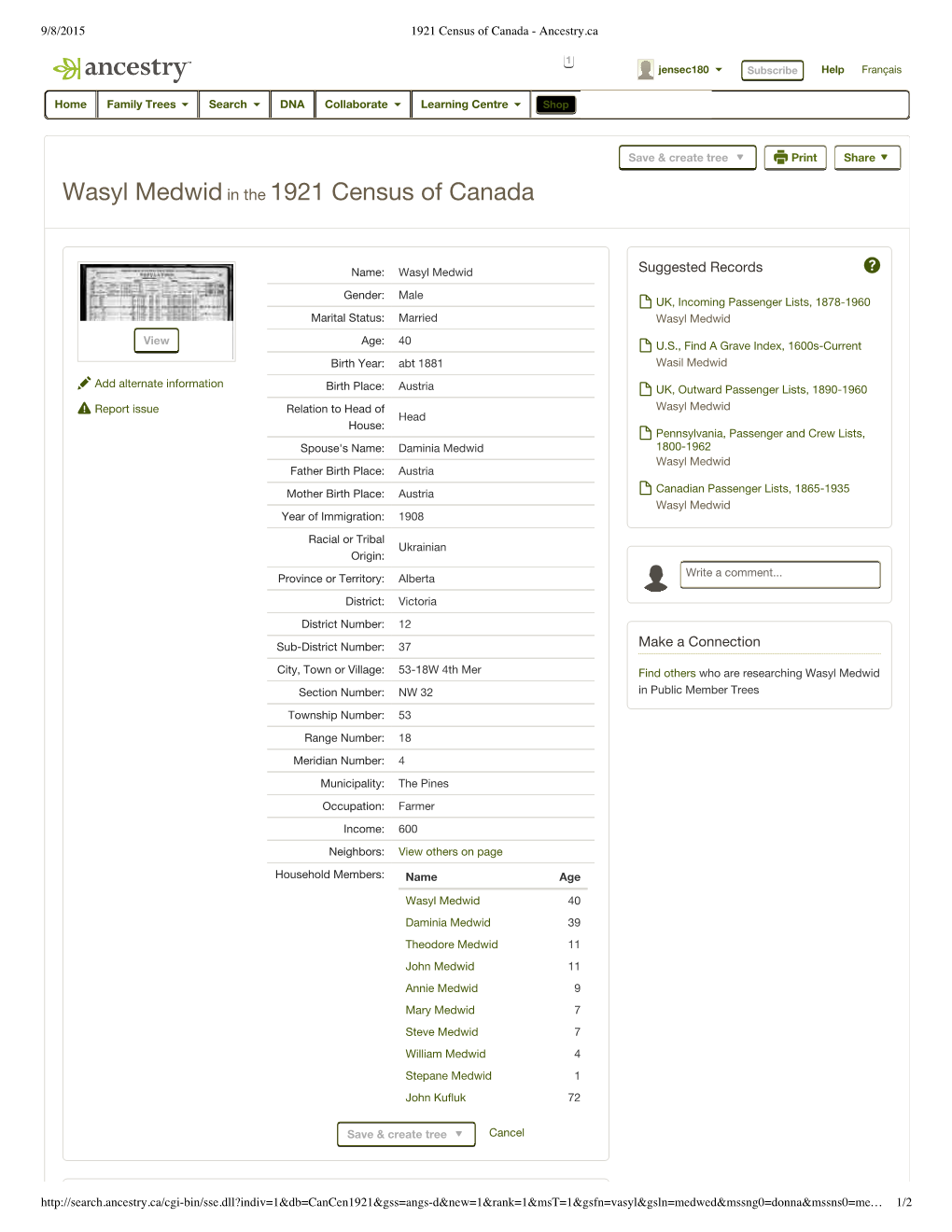 Wasyl Medwid in the 1921 Census of Canada