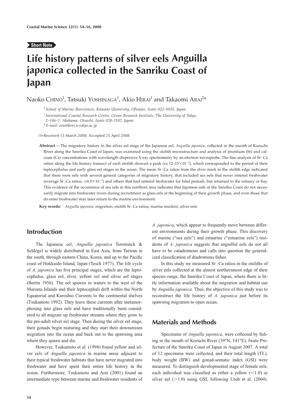 Life History Patterns of Silver Eels Anguilla Japonica Collected in the Sanriku Coast of Japan