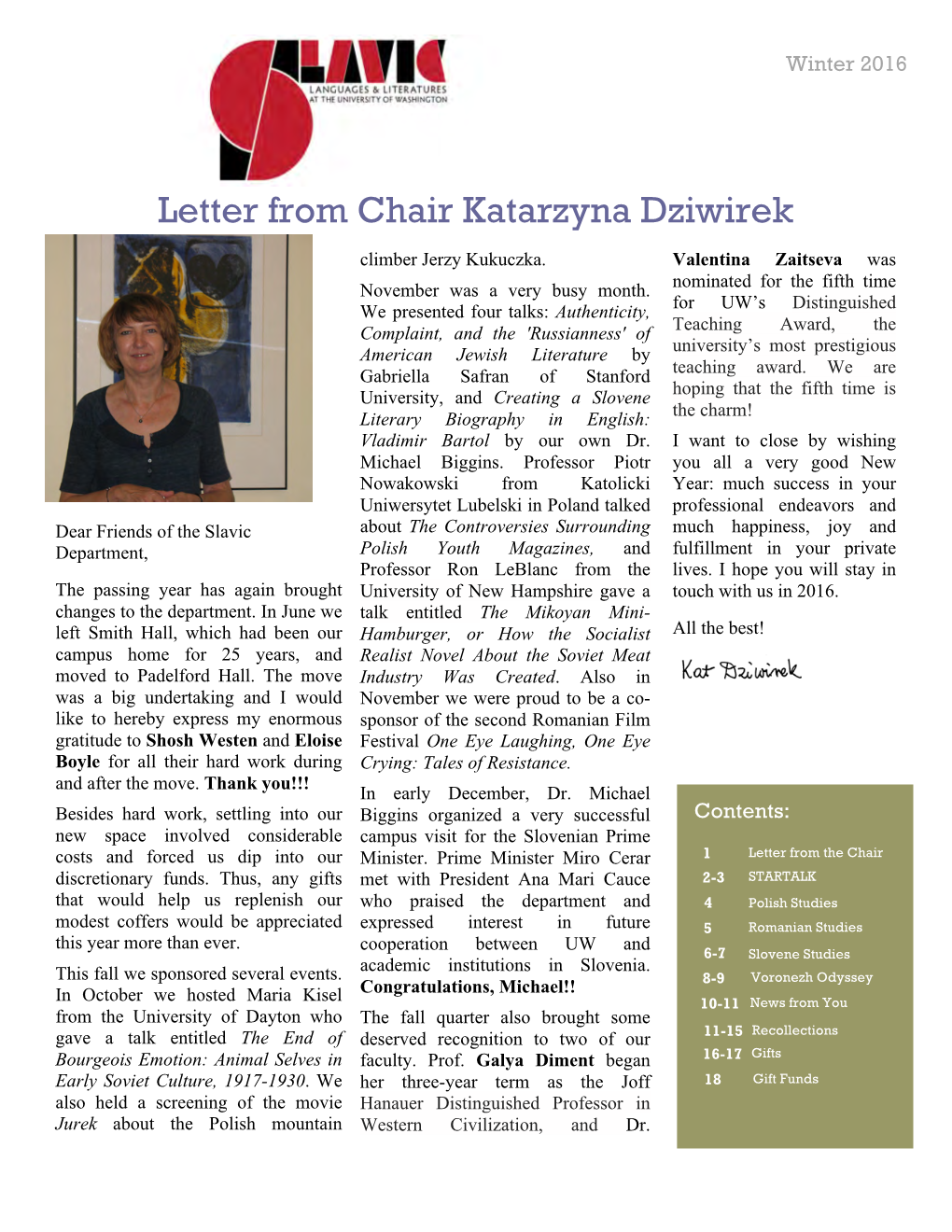 Letter from Chair Katarzyna Dziwirek