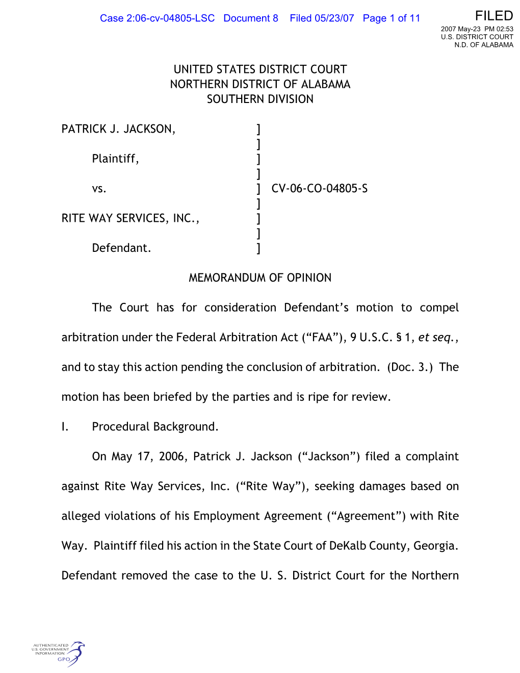 United States District Court Northern District of Alabama Southern Division