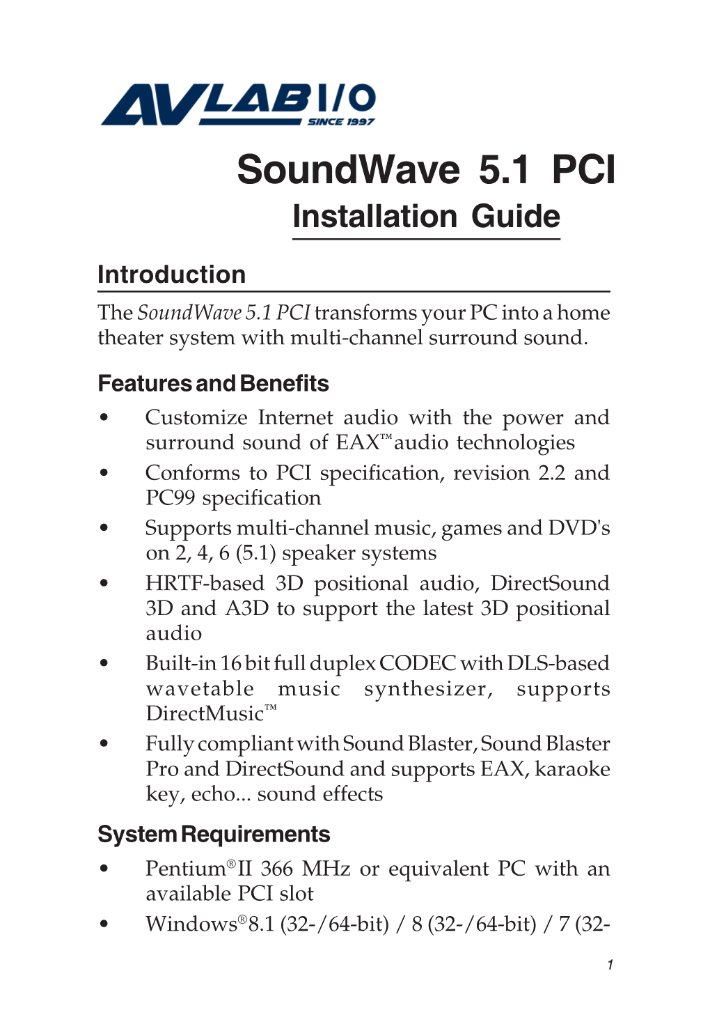 Soundwave 5.1 PCI Installation Guide