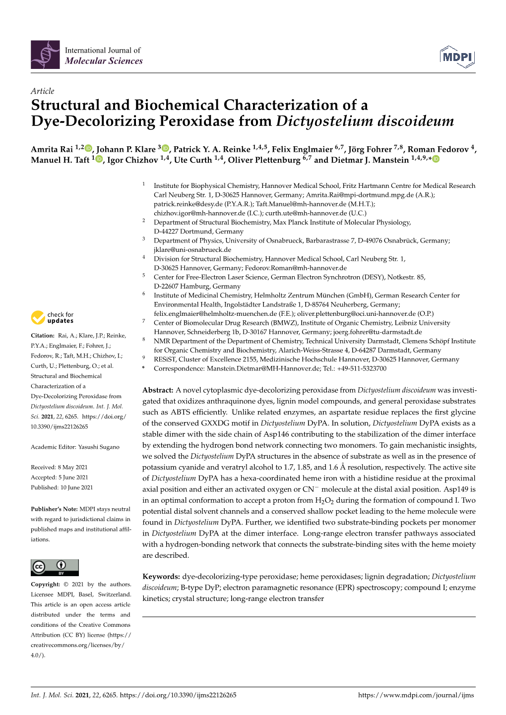 Structural and Biochemical Characterization of a Dye-Decolorizing Peroxidase from Dictyostelium Discoideum