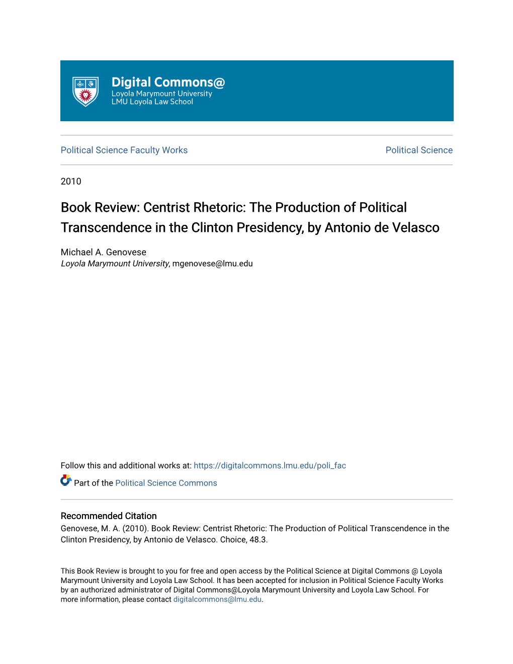 Centrist Rhetoric: the Production of Political Transcendence in the Clinton Presidency, by Antonio De Velasco