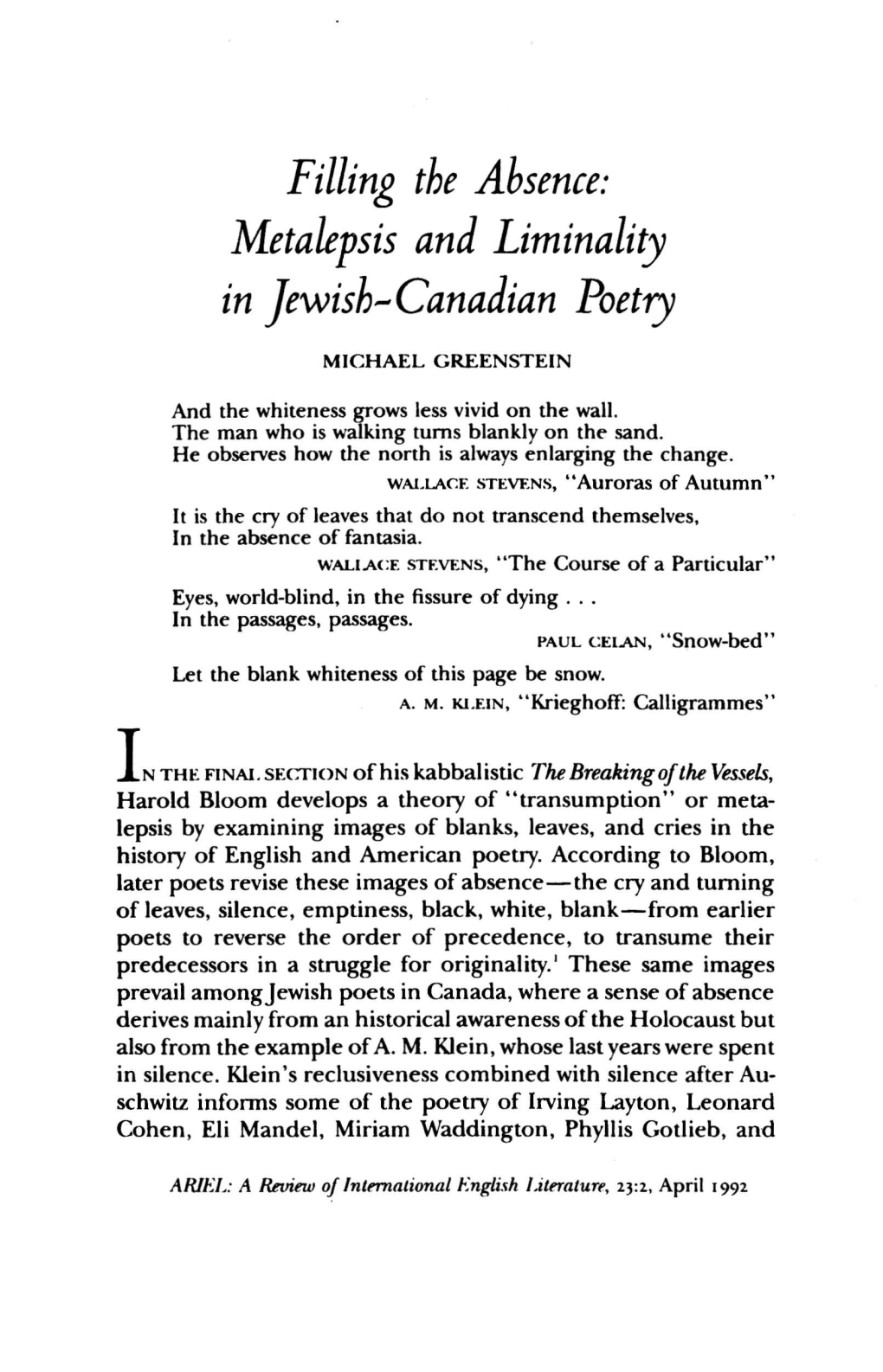 Metalef Sis and Liminality in Jewish-Canadian Poetry