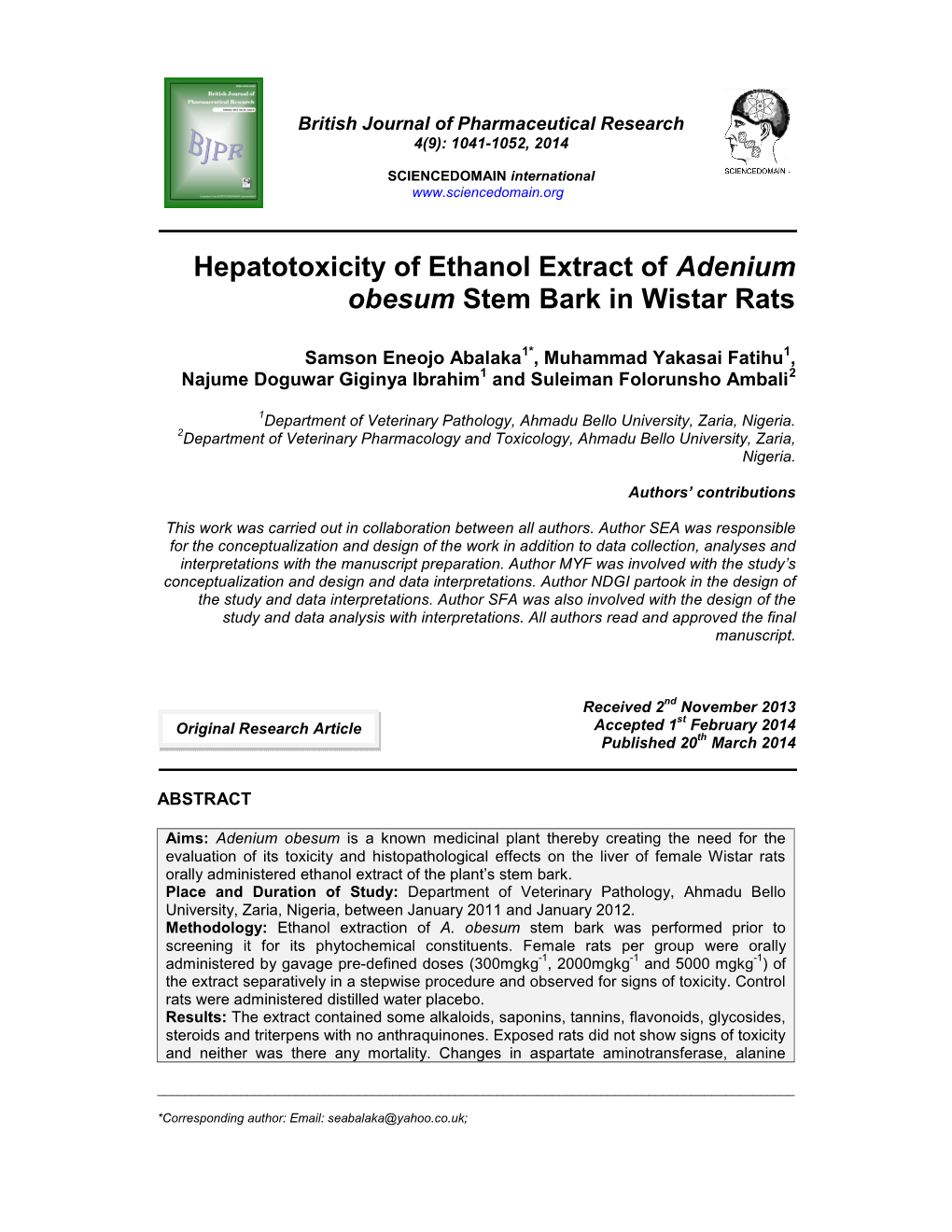 Hepatotoxicity of Ethanol Extract of Adenium Obesum Stem Bark in Wistar Rats