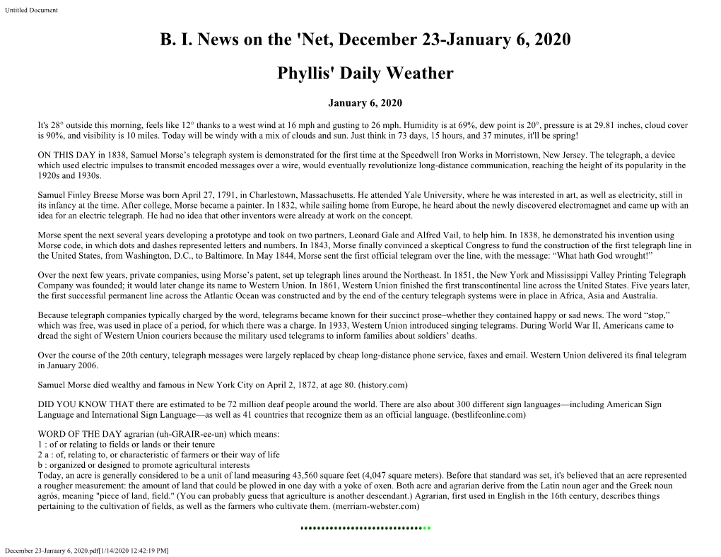 B. I. News on the 'Net, December 23-January 6, 2020 Phyllis' Daily Weather