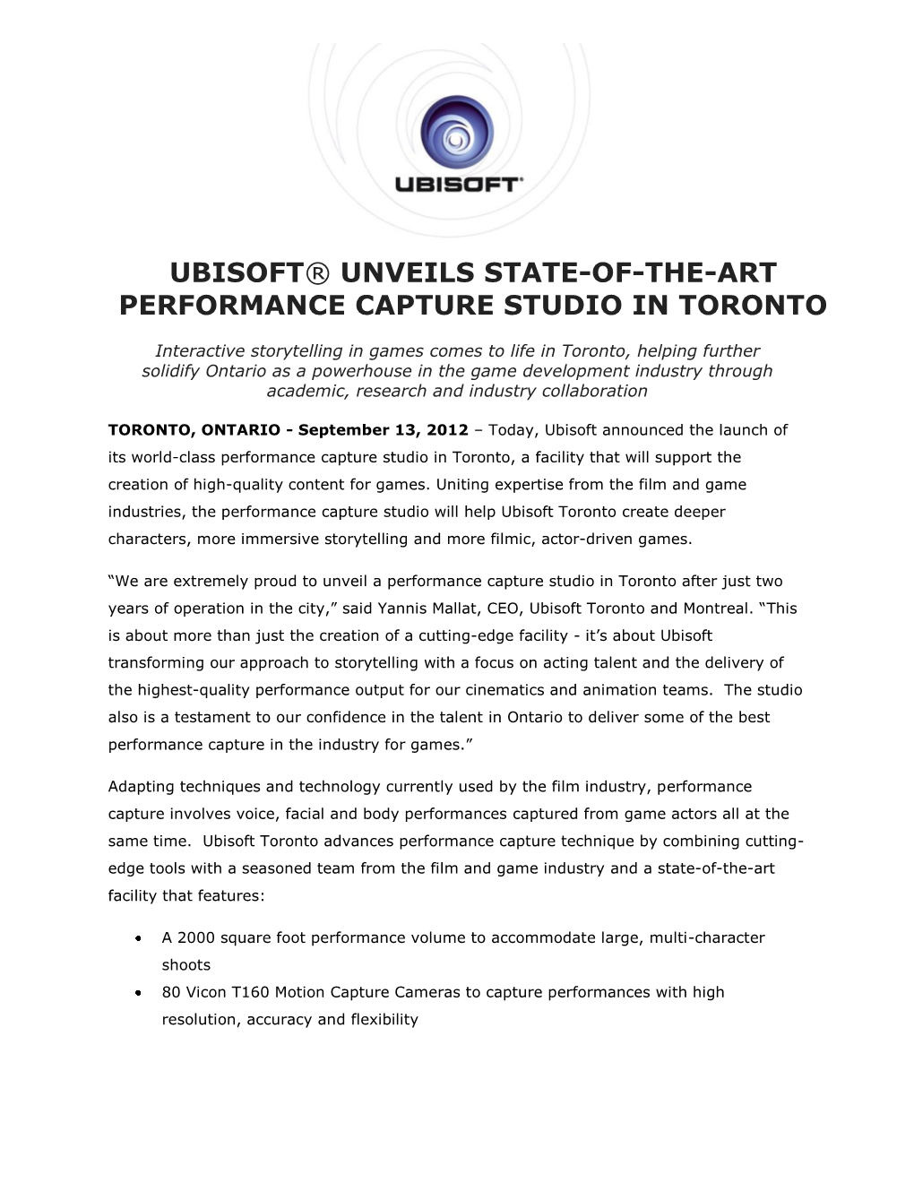 Ubisoft® Unveils State-Of-The-Art Performance Capture Studio in Toronto