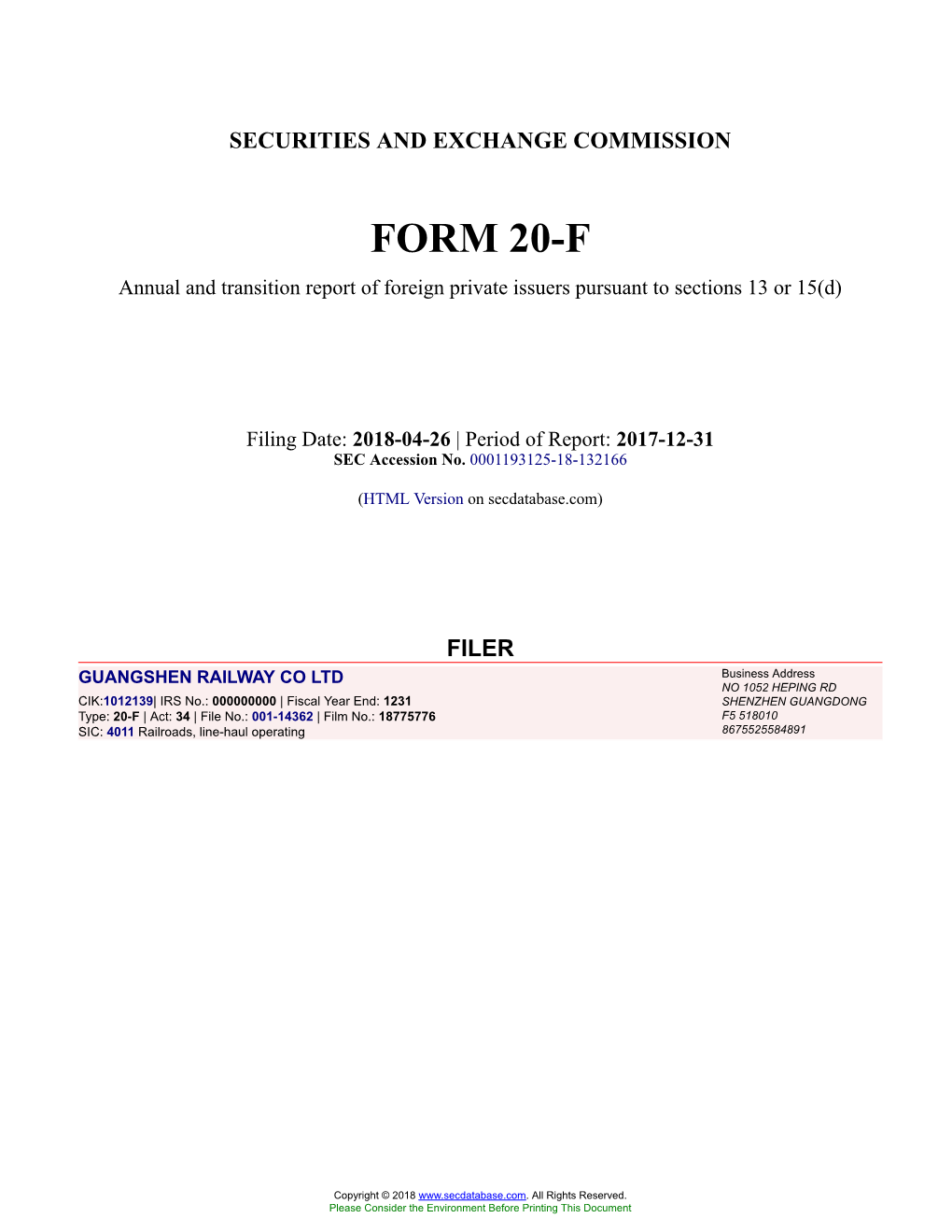 GUANGSHEN RAILWAY CO LTD Form 20-F Filed 2018-04-26