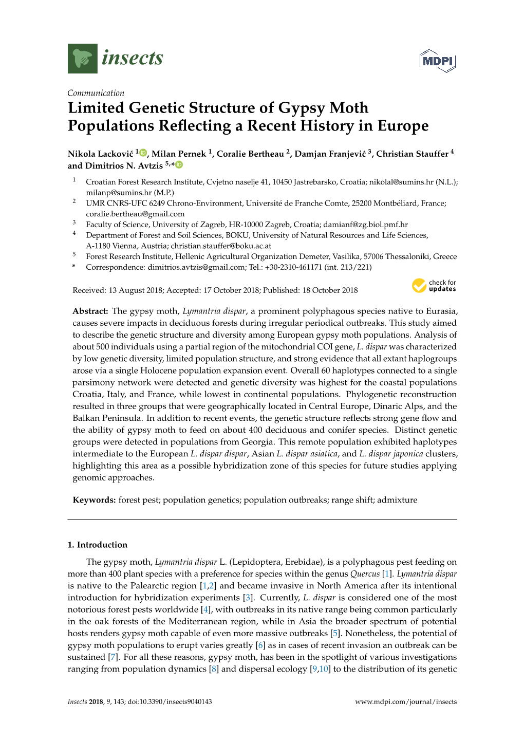 Limited Genetic Structure of Gypsy Moth Populations Reflecting