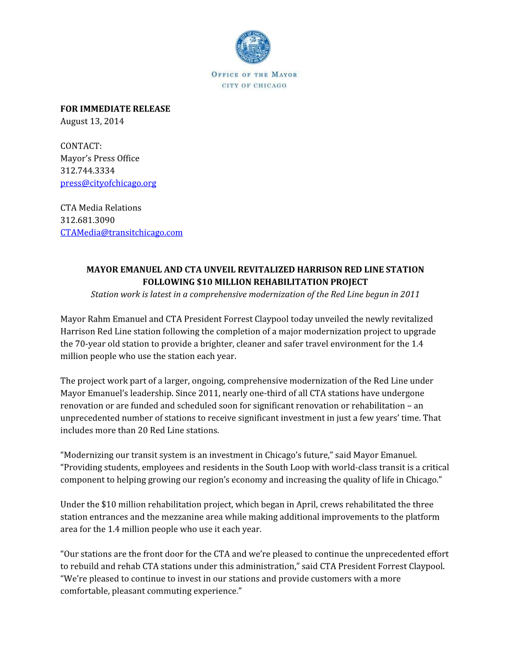 FOR IMMEDIATE RELEASE August 13, 2014 CONTACT: Mayor's Press