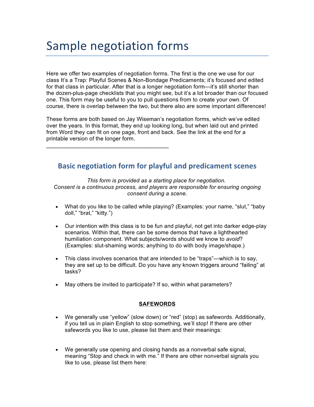 Sample Negotiation Forms