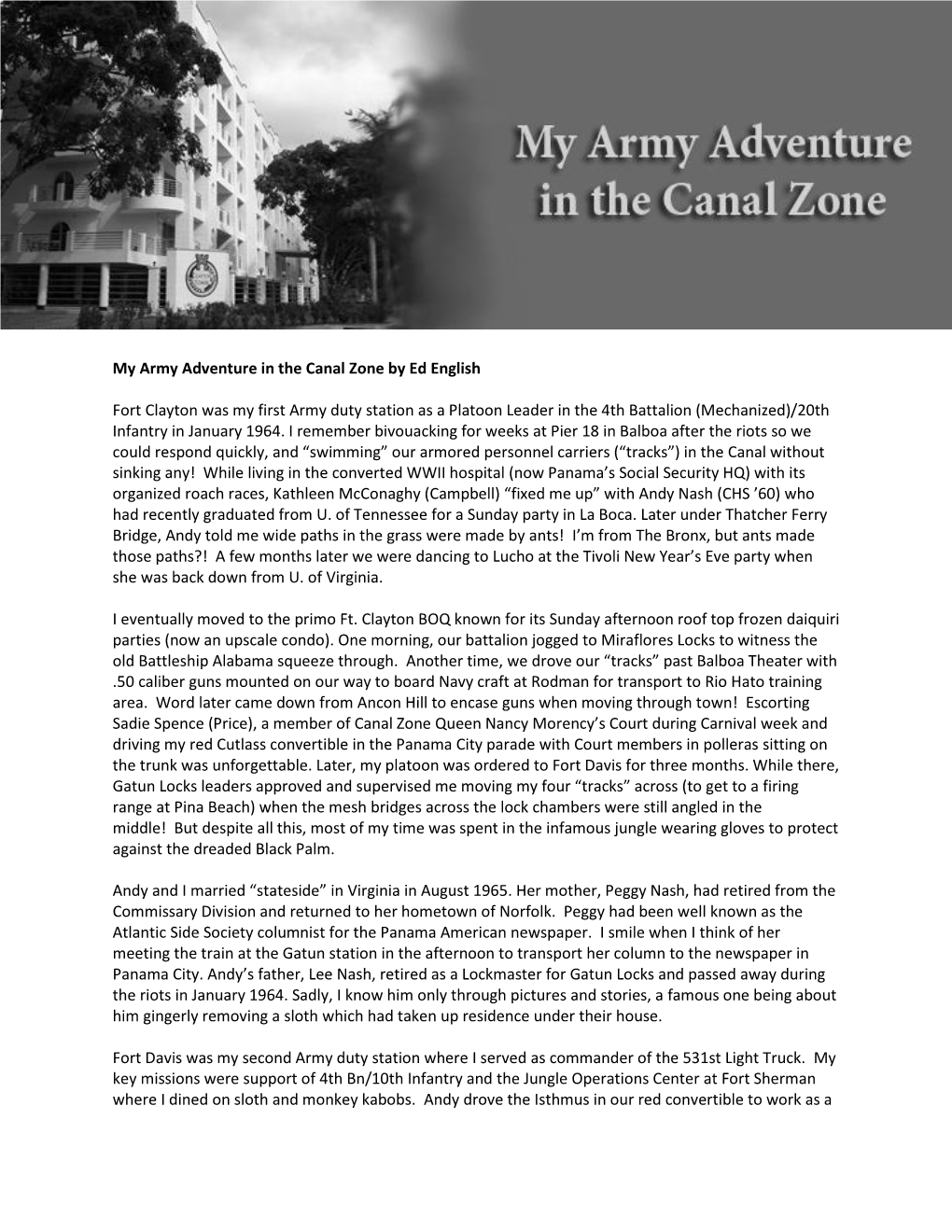 My Army Adventure in the Canal Zone by Ed English Fort Clayton Was My