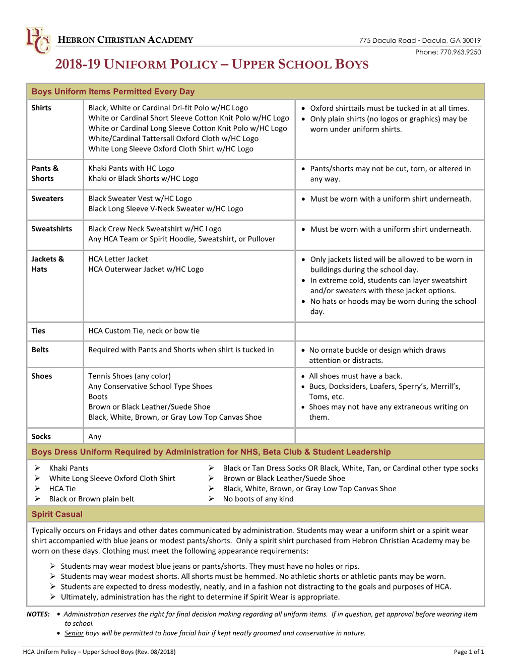 2018-19 Uniform Policy – Upper School Boys