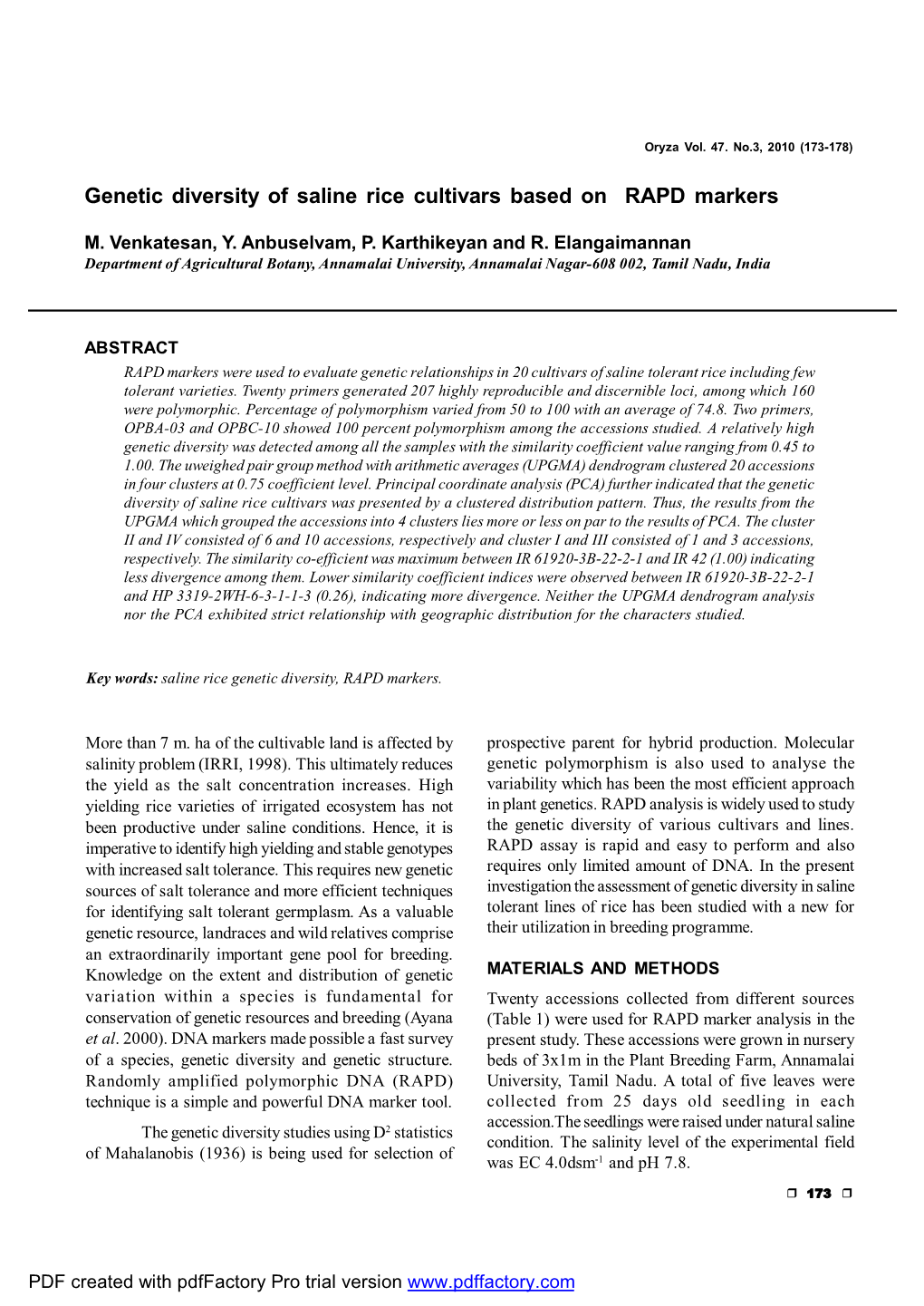 Genetic Diversity of Saline Rice Cultivars Based on RAPD Markers