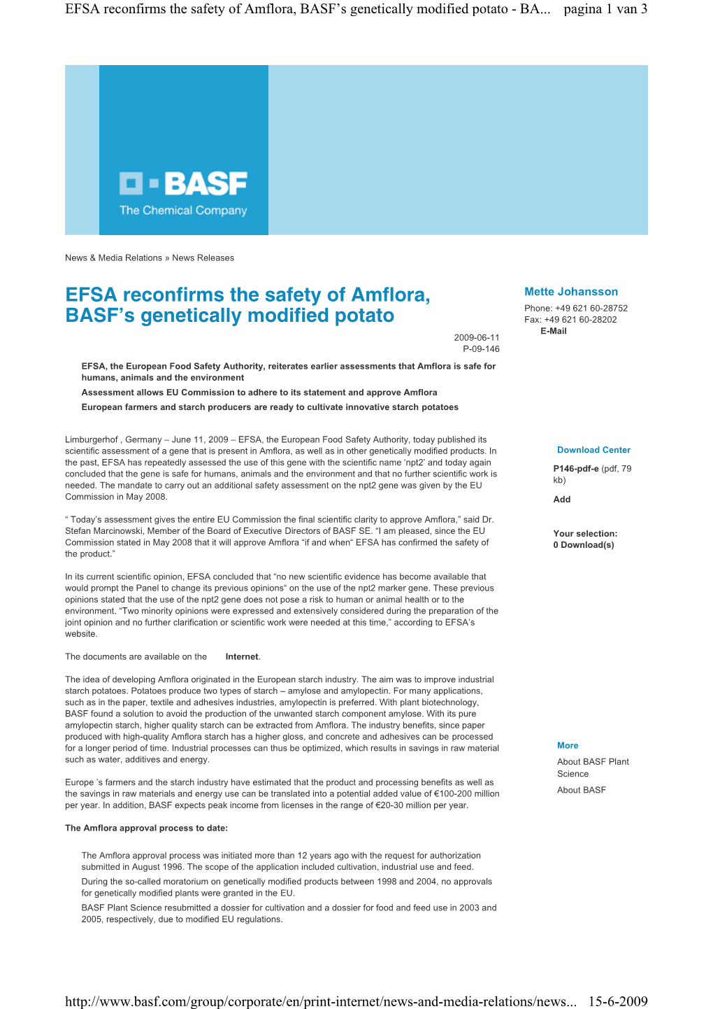 EFSA Reconfirms the Safety of Amflora, BASF's Genetically Modified Potato