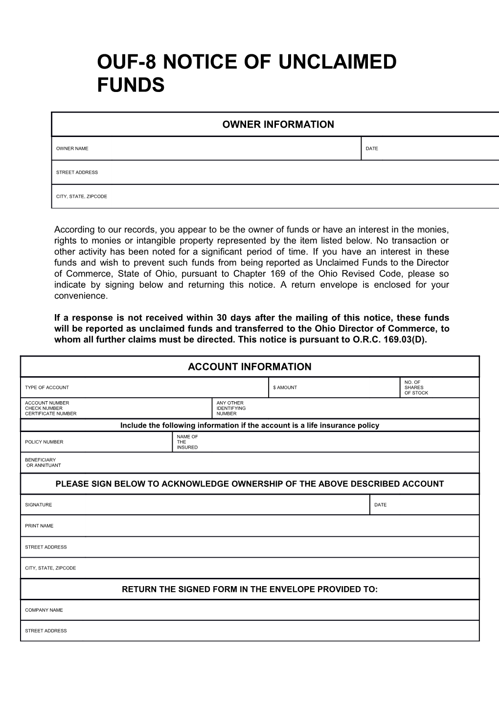 Ouf-8 Notice of Unclaimed Funds