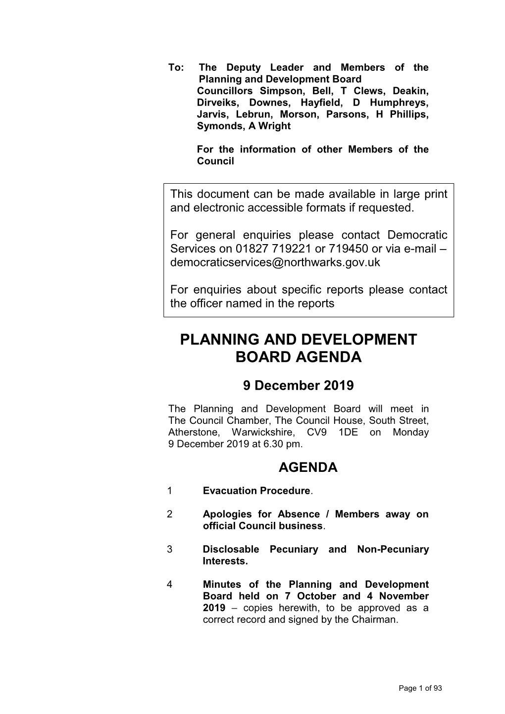 Planning and Development Board Agenda