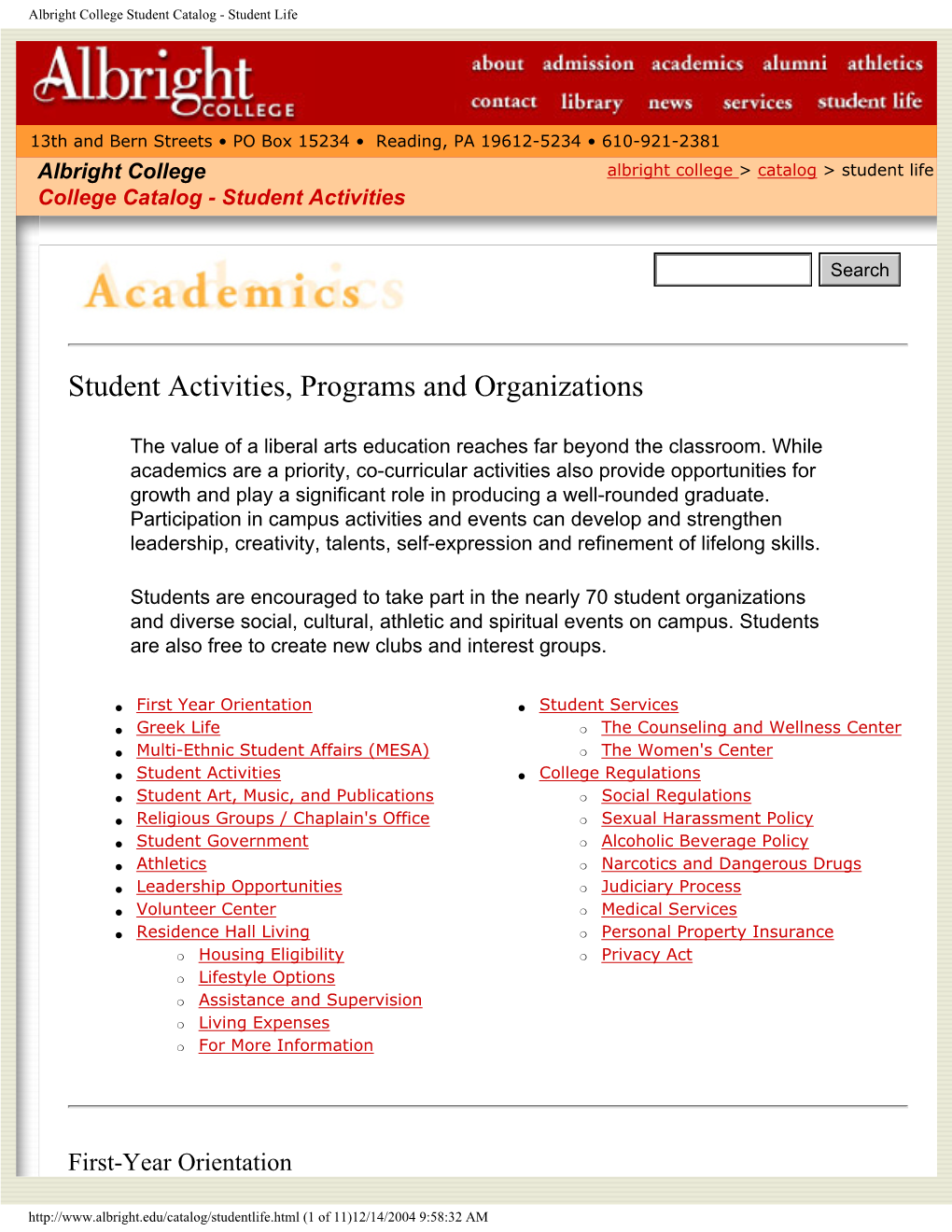 Albright College Student Catalog - Student Life