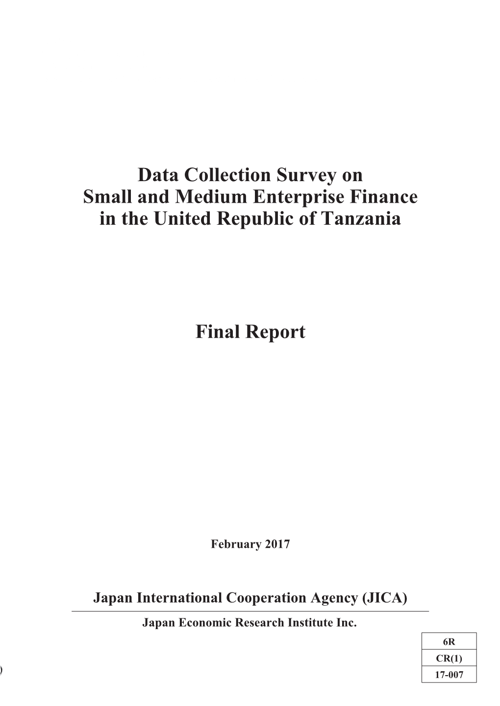 Data Collection Survey on Small and Medium Enterprise Finance in the United Republic of Tanzania