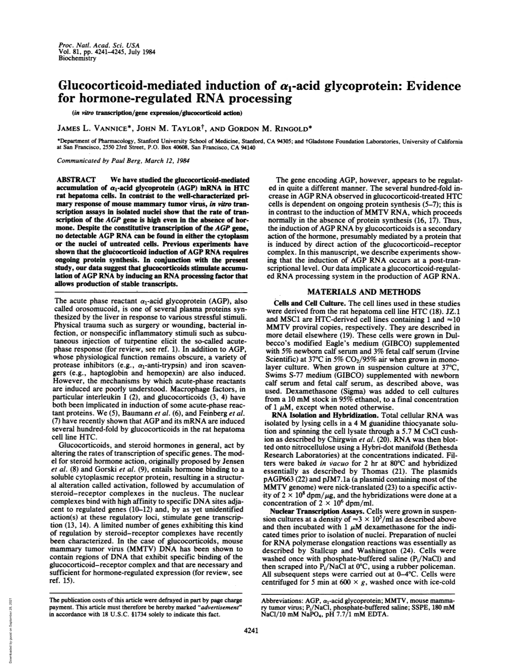 Acid Glycoprotein: Evidence for Hormone-Regulated RNA Processing (In Vitro Transcription/Gene Expression/Glucocorticoid Action) JAMES L