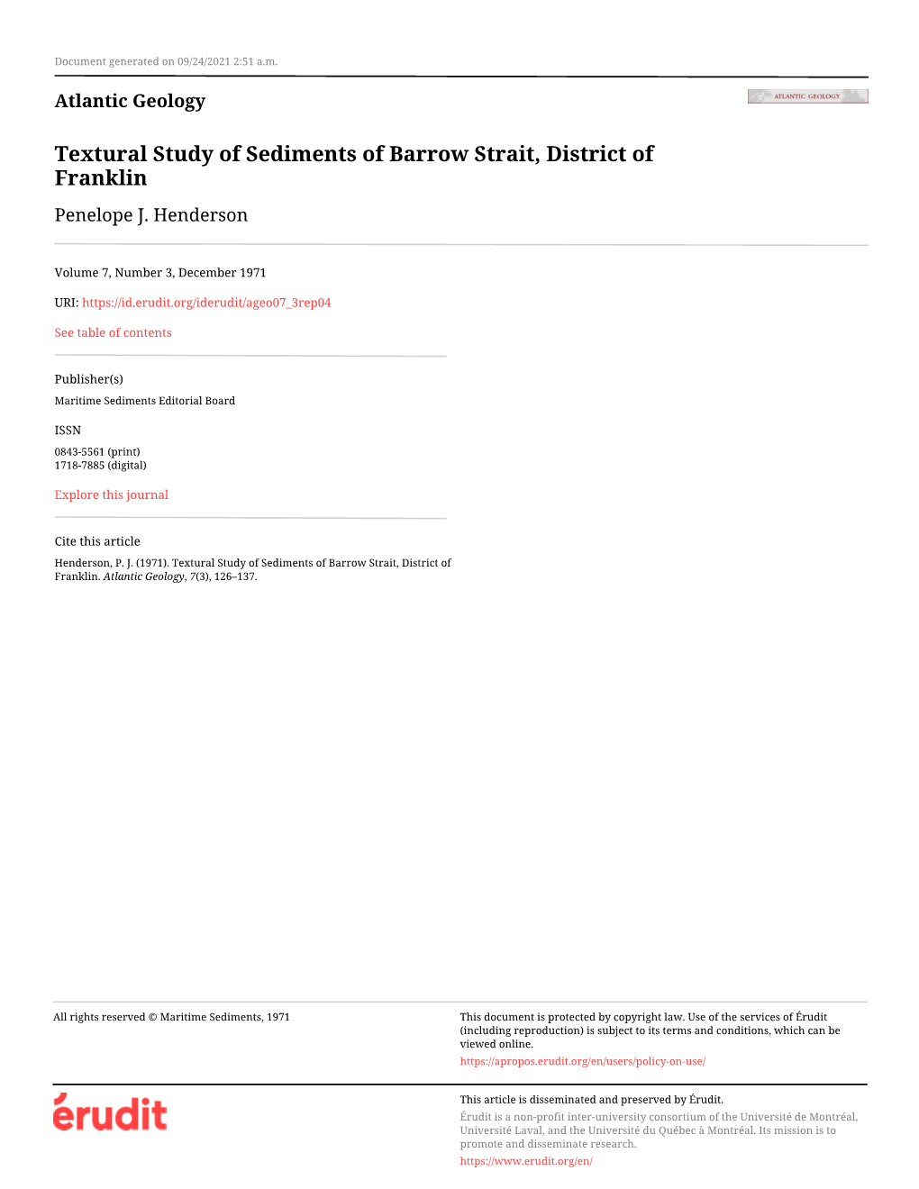 Textural Study of Sediments of Barrow Strait, District of Franklin Penelope J