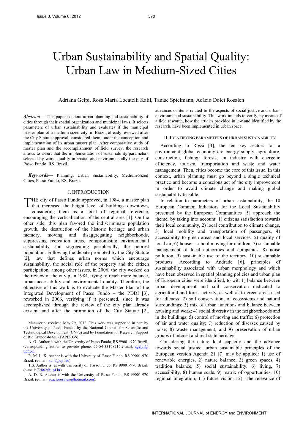 Urban Sustainability and Spatial Quality: Urban Law in Medium-Sized Cities