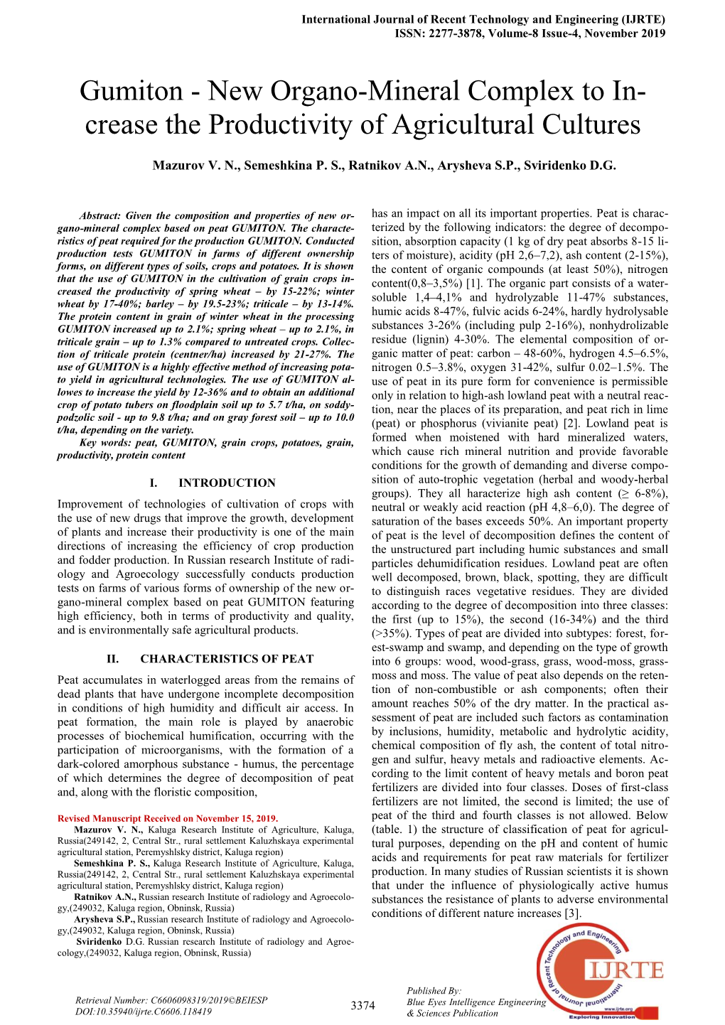 New Organo-Mineral Complex to In- Crease the Productivity of Agricultural Cultures