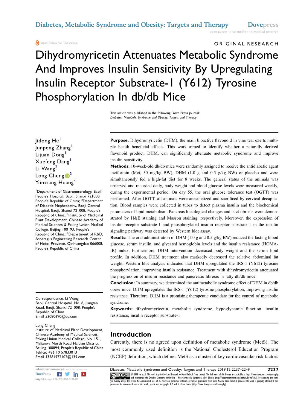 Dihydromyricetin Attenuates Metabolic Syndrome And