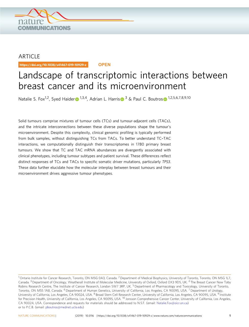 Landscape of Transcriptomic Interactions Between Breast Cancer and Its Microenvironment