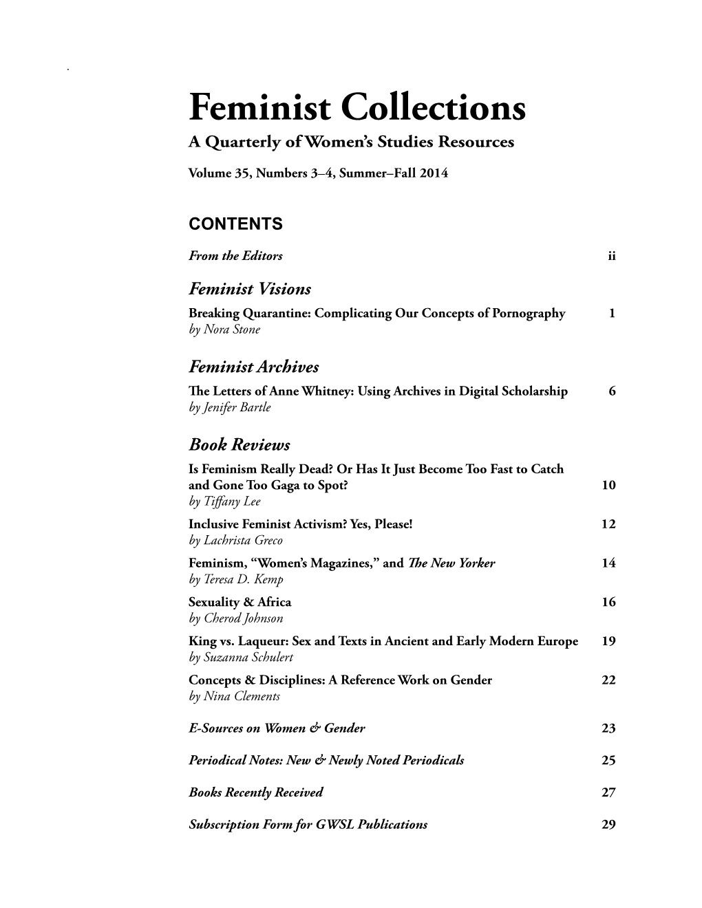 Feminist Collections a Quarterly of Women’S Studies Resources