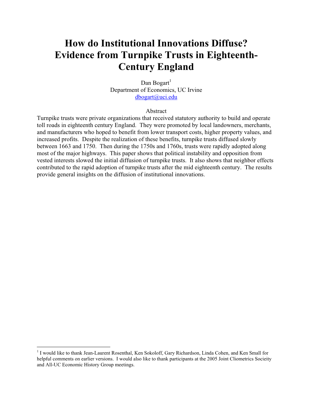 The Diffusion of Turnpike Trusts in Eighteenth Century Britain