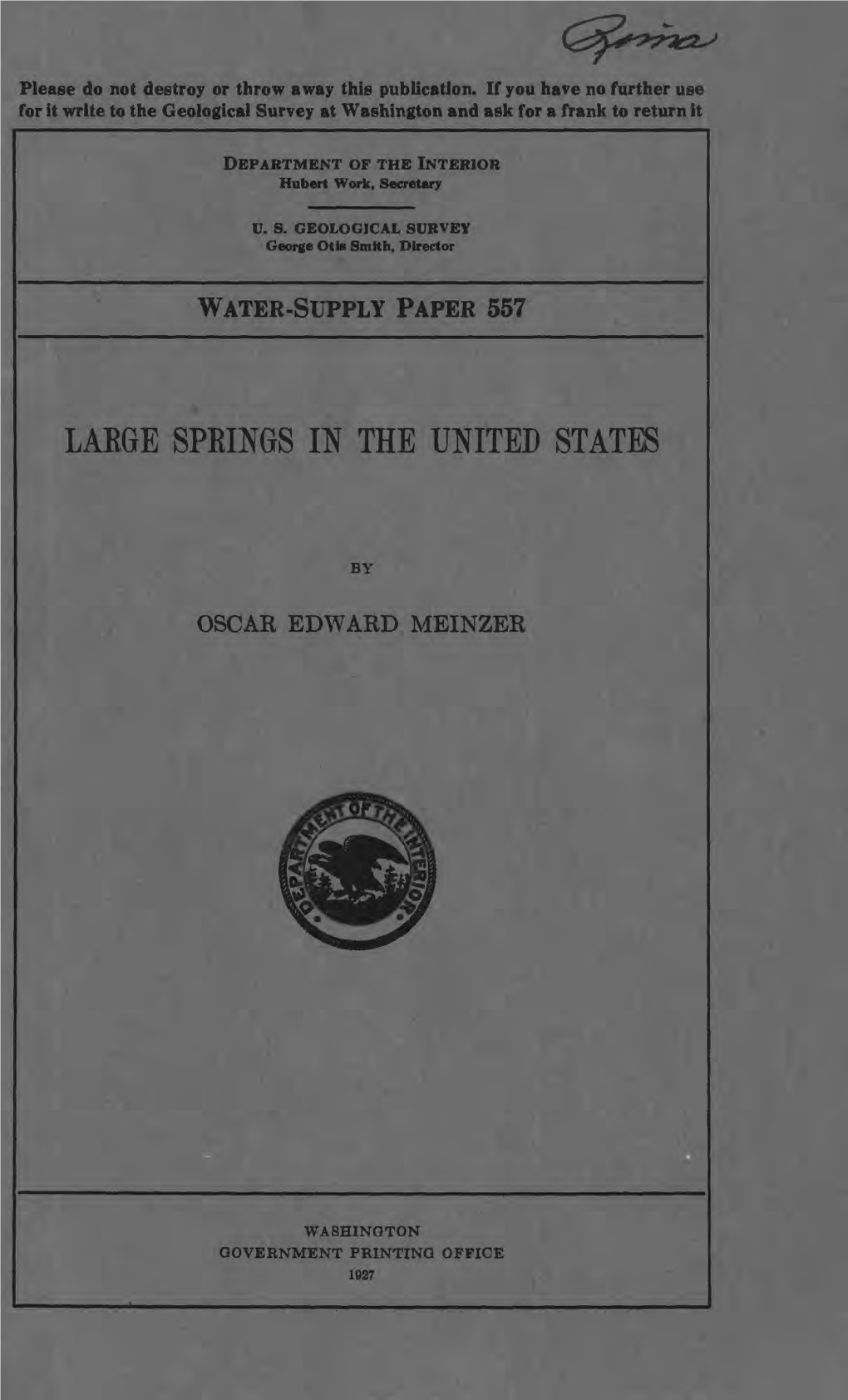 Water-Supply Paper 557 Large Spbings in the United