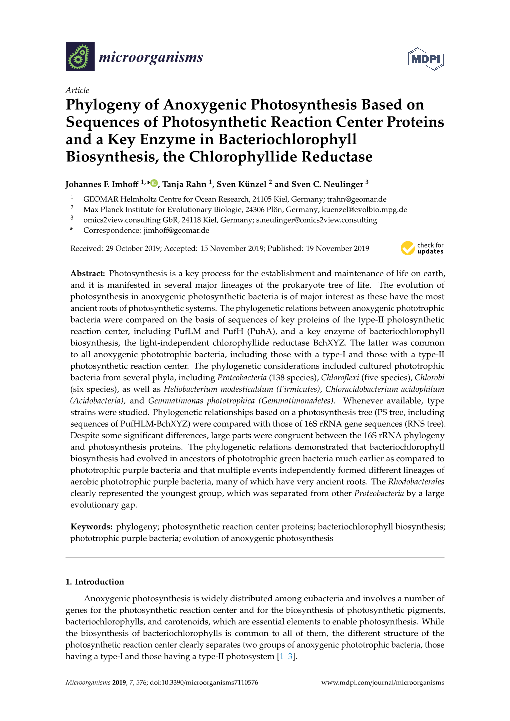 Phylogeny of Anoxygenic Photosynthesis Based On