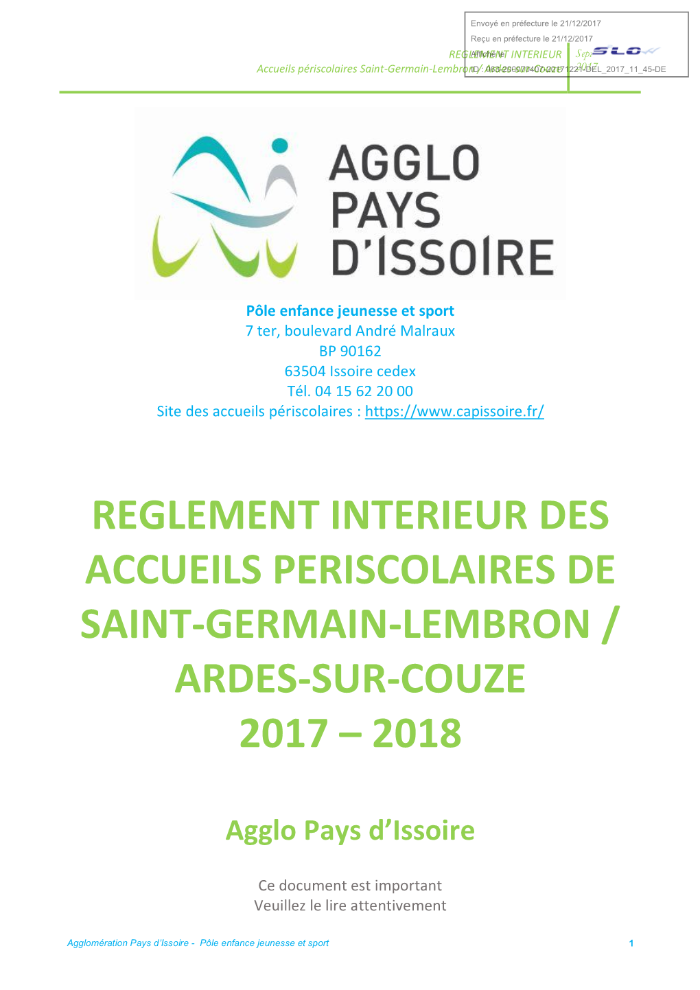 Reglement Interieur Des Accueils Periscolaires De Saint-Germain-Lembron / Ardes-Sur-Couze 2017 – 2018