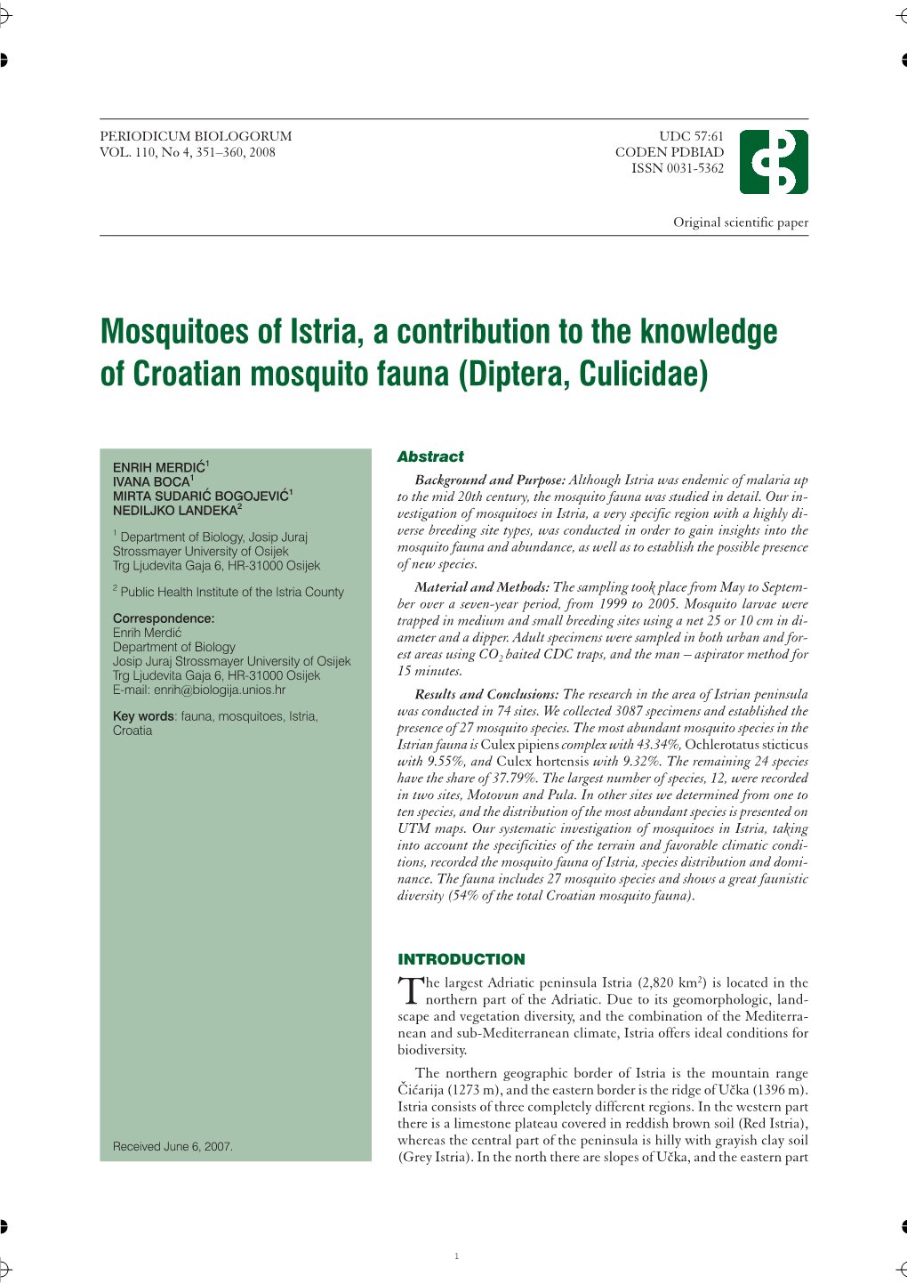 Mosquitoes of Istria, a Contribution to the Knowledge of Croatian Mosquito Fauna (Diptera, Culicidae)