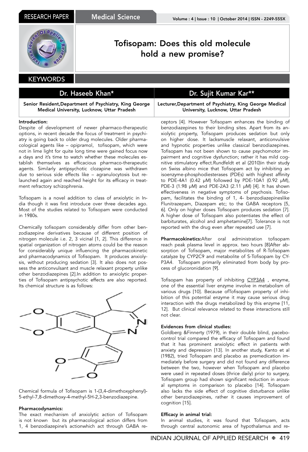 Tofisopam: Does This Old Molecule Hold a New Promise?