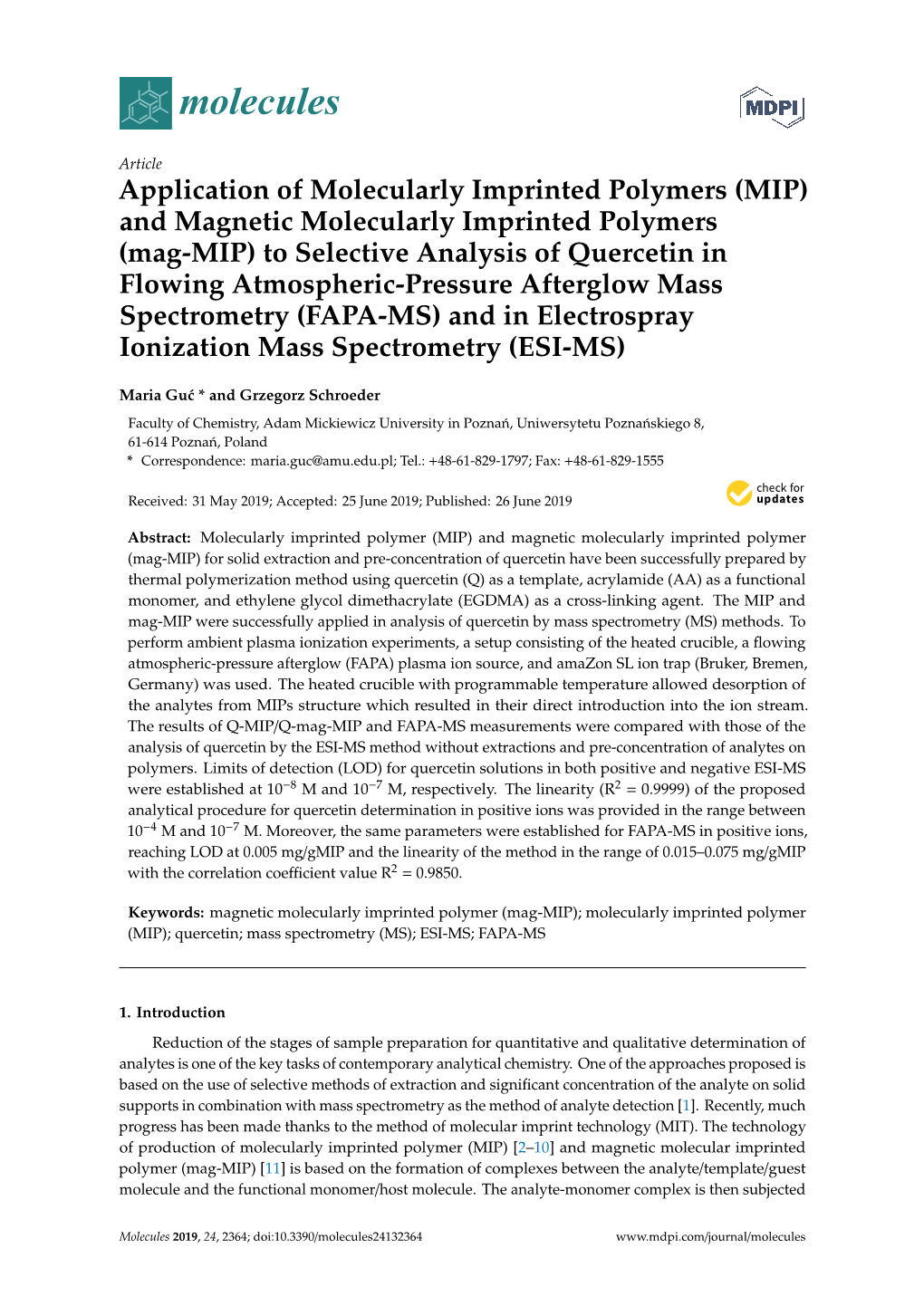 Application of Molecularly Imprinted Polymers (MIP)