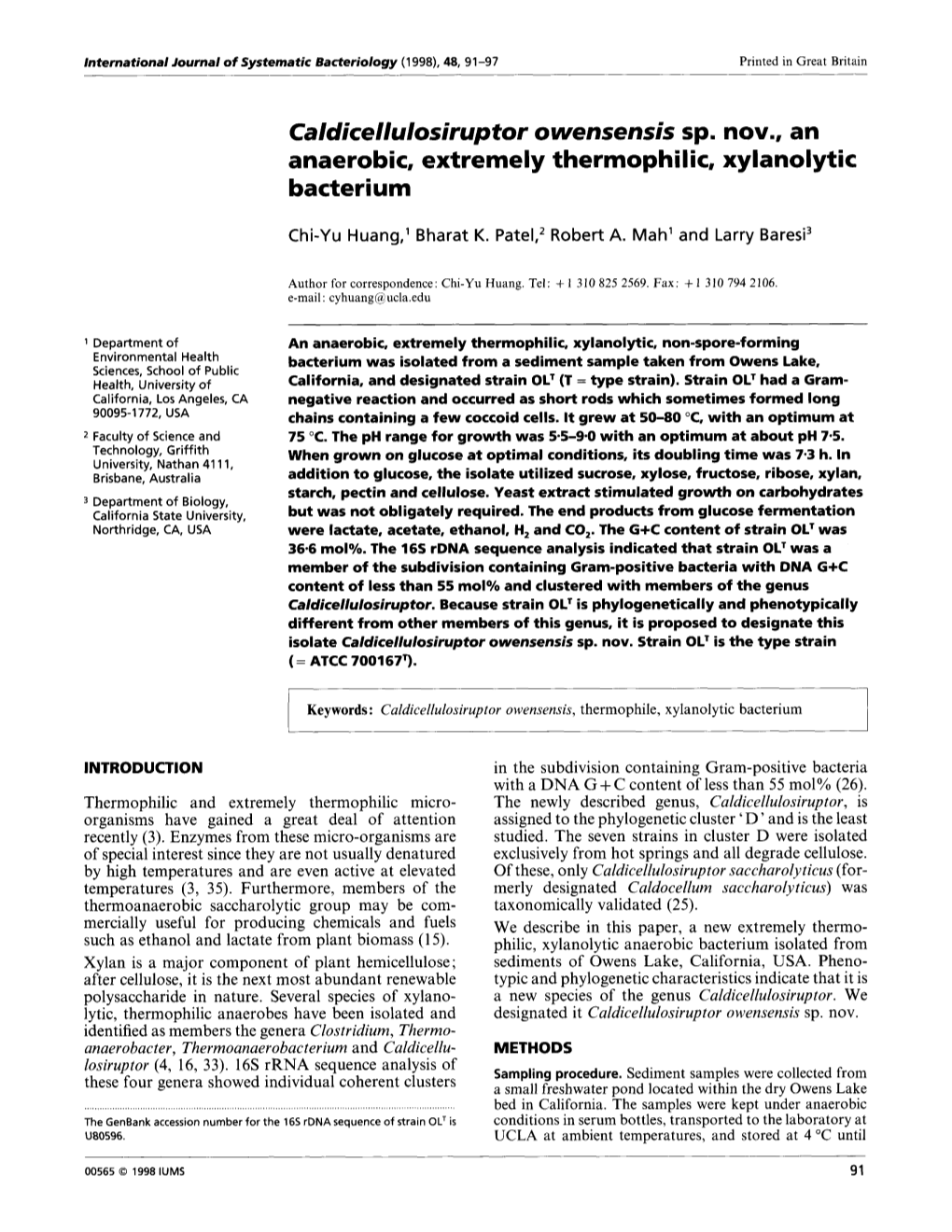 Caldicellulosiruptor O Wensensis Sp. Nov., an Anaerobic, Extremely Thermophilic, Xylanolytic Bacterium