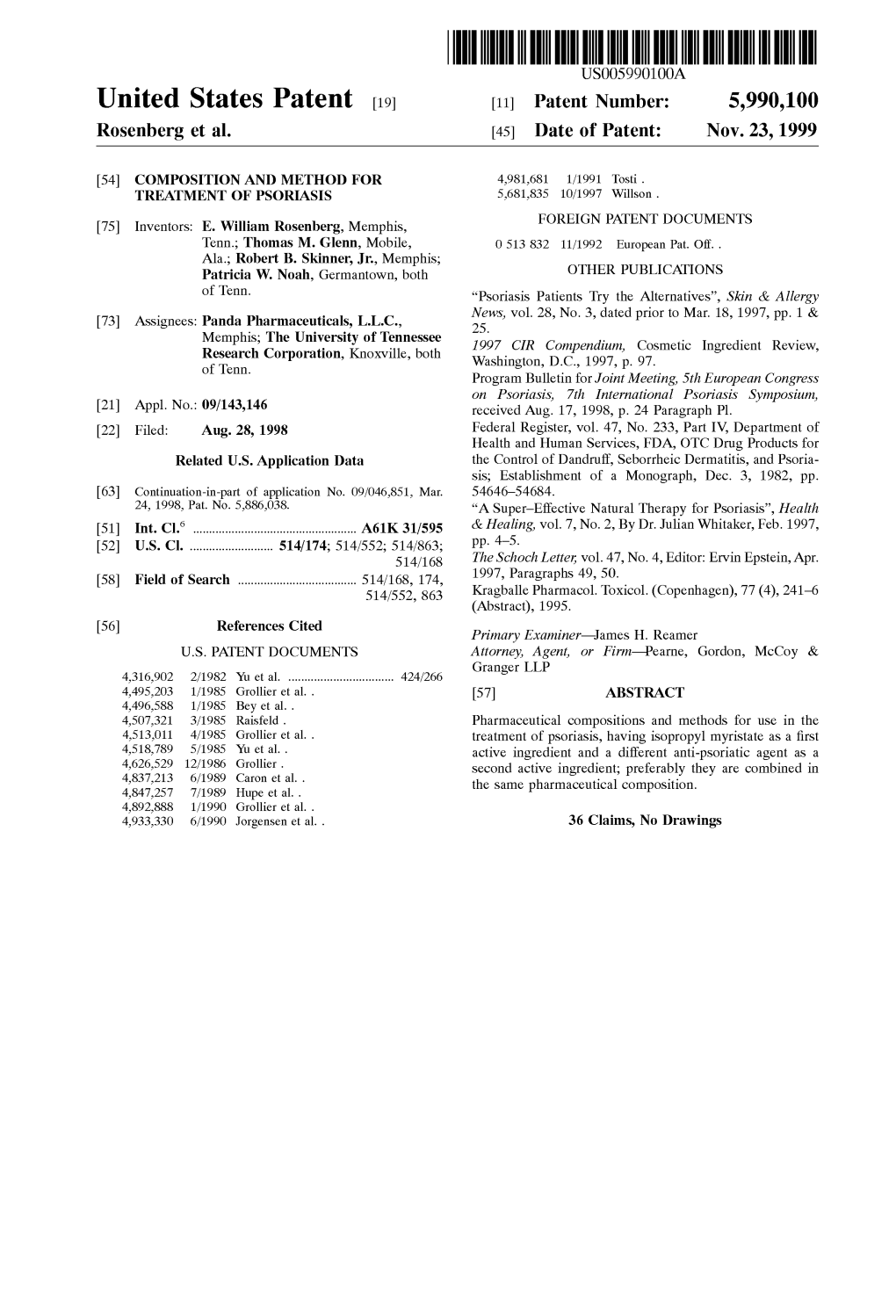 United States Patent (19) 11 Patent Number: 5,990,100 Rosenberg Et Al