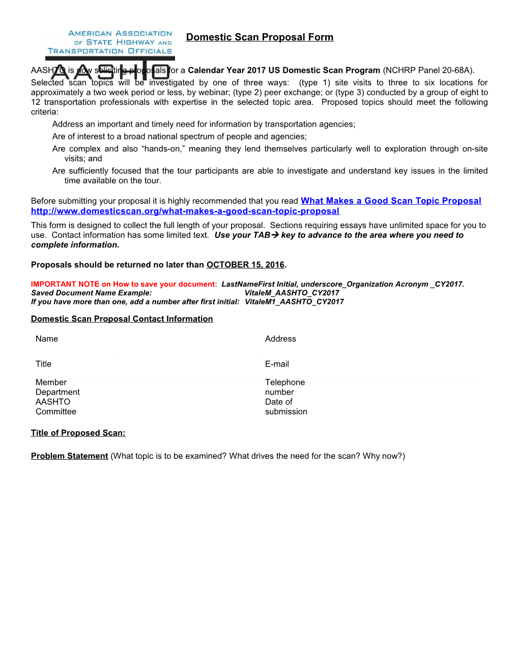 AASHTO Domestic Scan Proposal Form